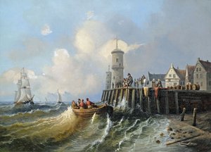 Ombordstigning af en båd ved havnemuren af Unbekannt Unbekannt